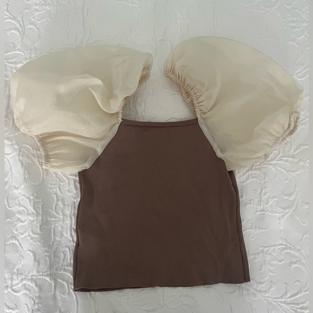 Miou muse puff sleeve brown and white never worn top Size Medium - Picture 4 of 5